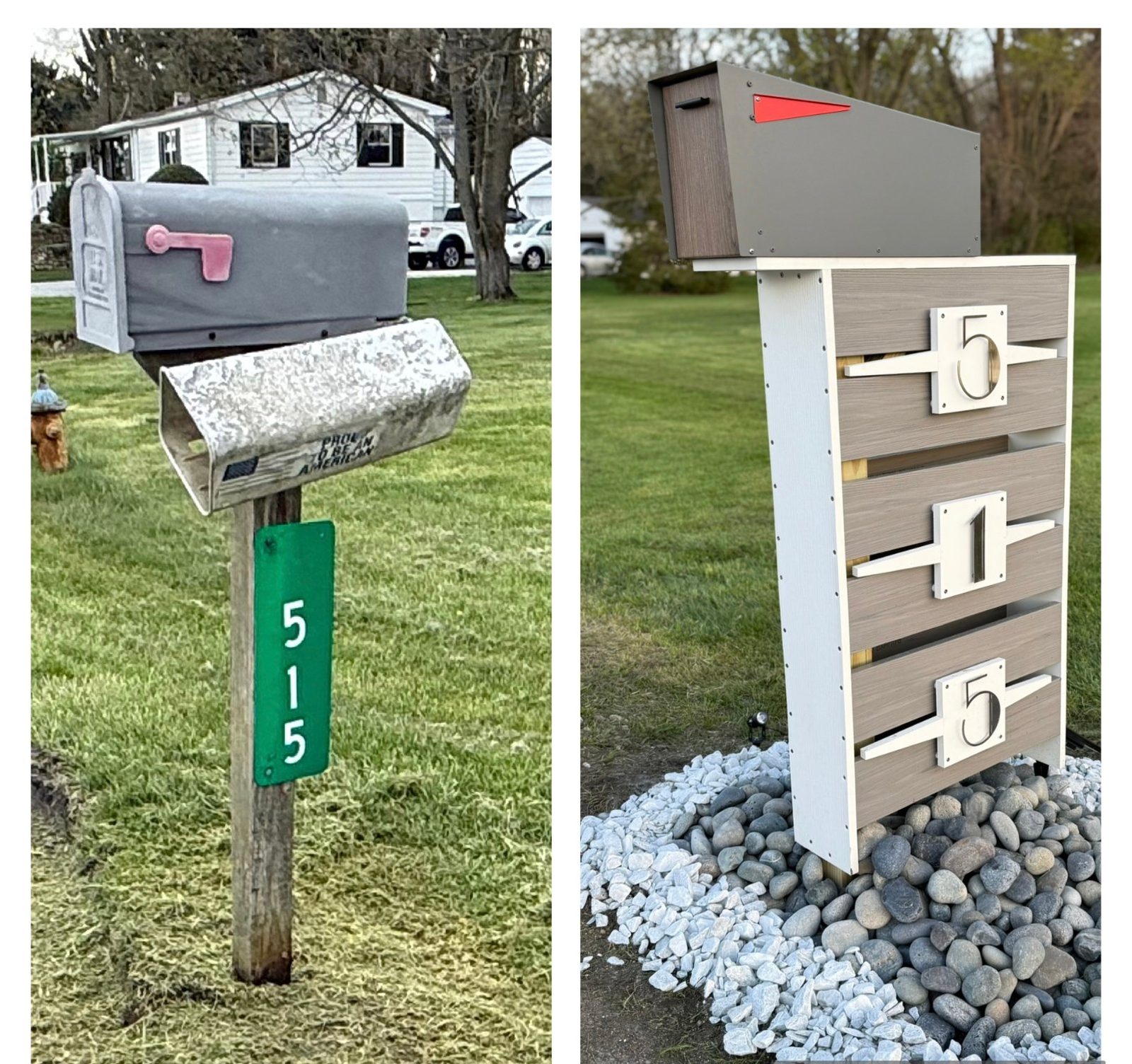 Before and after: a weathered steel mailbox and newspaper tube on a wooden post, replaced by a custom composite mailbox